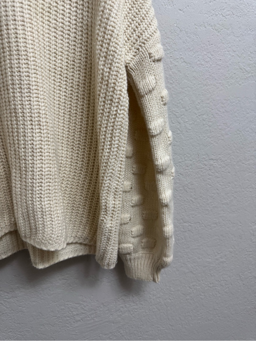Cream Textured Crewneck Sweater with Bubble-Sleeve Detail - Picture 3 of 8
